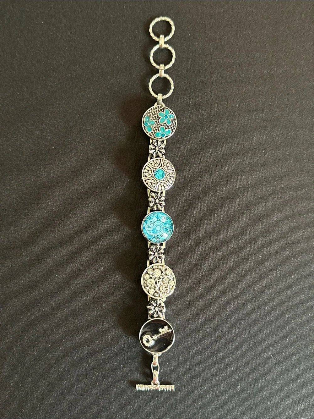 Silver-Tone Turquoise Floral Charm Bracelet - Women Jewelry